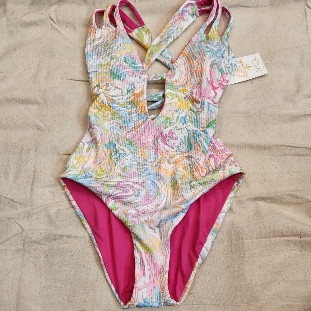 New BECCA by Rebecca Virtue Marbled One Piece Swimsuit Large L Pink Swirl